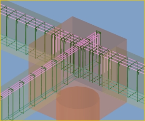 Vista 3D do detalhe de encaixe da armadura das vigas baldrame nos blocos de coroamento.
