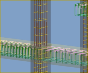 vista 3d da armação do reforço em furo de viga para passagem de tubulação.